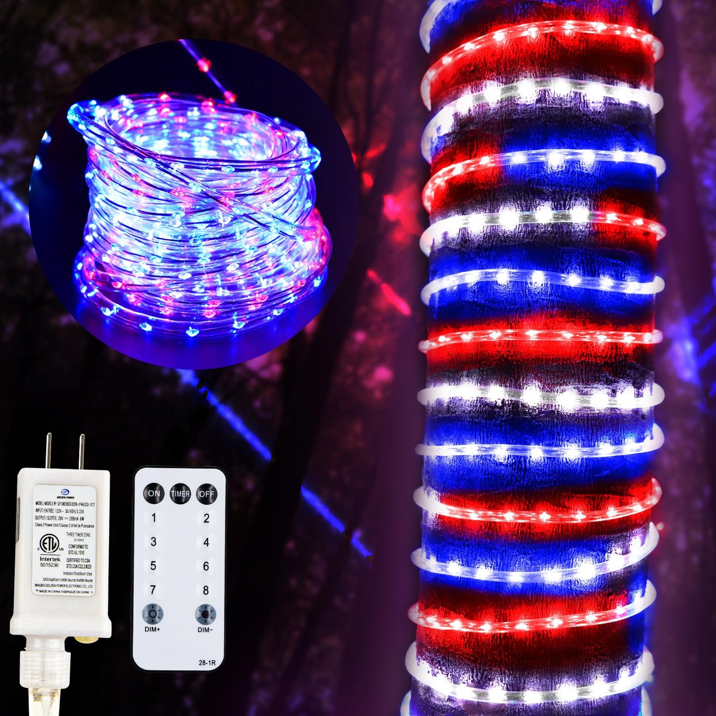 4th of July Decorations outdoor Lights, 50ft 600LED Red White and Blue Rope Lights Patriotic Rope Lights Plug in 8 Modes Remote Timer with Memory for Independence Day Memorial Day National Day