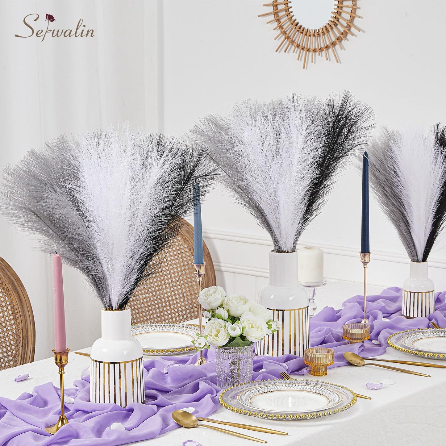 Serwalin 60Pcs Black Pampas Grass Decor, 17'' Faux Pampas Grass, Fluffy Artificial Pompous Grass Vase Filler Flower Arrangement for Living Room Decor Wedding Party Home Decor (Black＆White＆Gray)