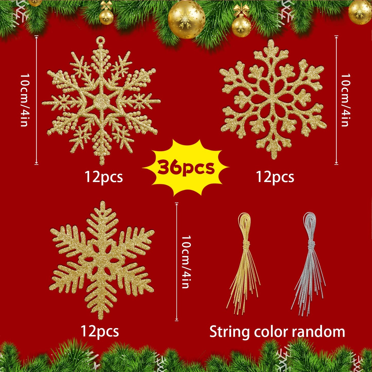 36PCS Christmas Snowflake Ornaments, Hanging Snowflake Decorations for Winter Wonderland Christmas Tree Decorations, 4-inch, Gold