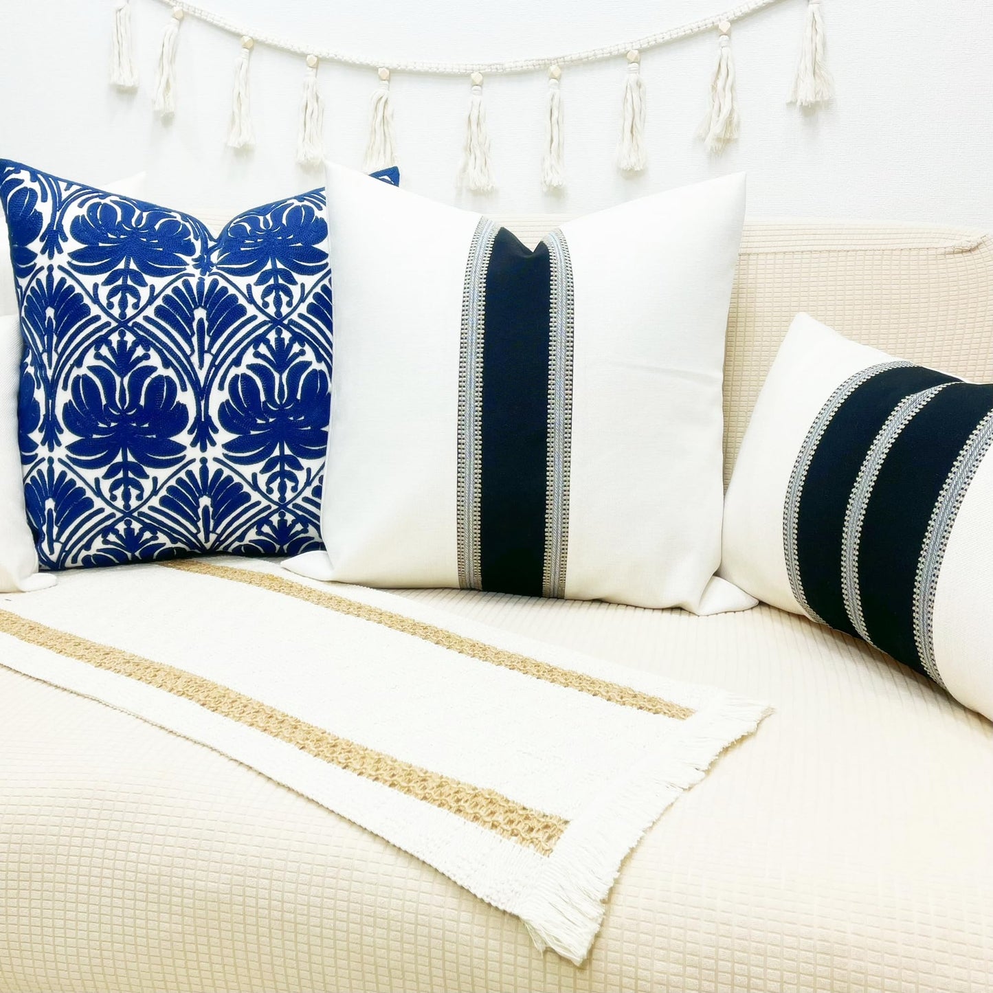 Slow Cow Pack of 2 Linen Off White and Black Patchwork Throw Pillow Covers Decorative Cushion Covers for Couch Sofa Square 18 x 18 Inches