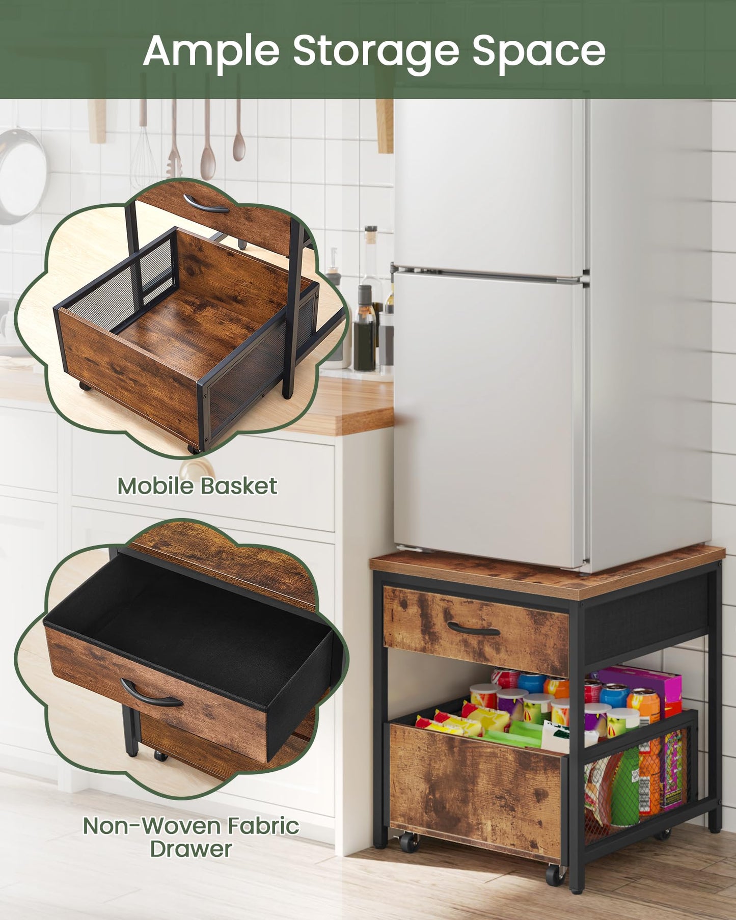 CHOEZON End Table, 19.7 Inch Square Side Table, Mini Fridge Stand with Storage, Nightstand with Mobile Basket Cart, for Living Room, Bedroom, Rustic Brown and Black TBZ55BF