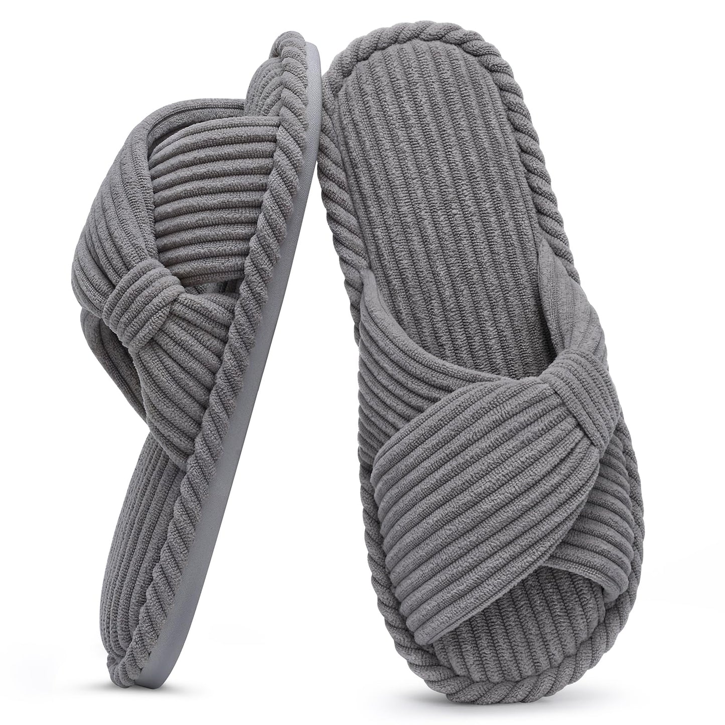 Evshine Summer House Slippers for Women Corduroy Cross Bow Indoor Slippers Open Toe Slip On Bedroom Shoes with Memory Foam, Grey 270 (Size 8-9)