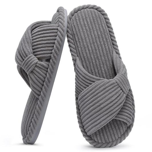 Evshine Summer House Slippers for Women Corduroy Cross Bow Indoor Slippers Open Toe Slip On Bedroom Shoes with Memory Foam, Grey 270 (Size 8-9)