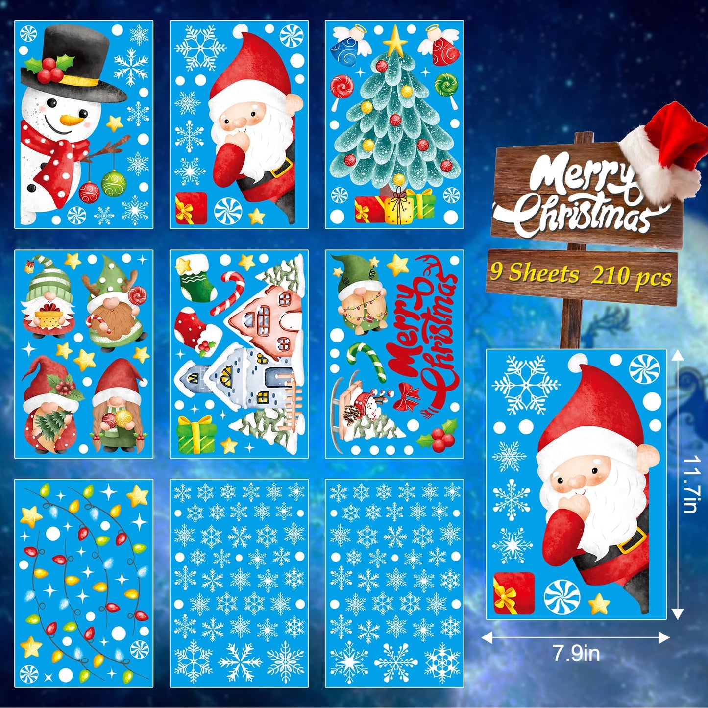 AOWDIAO Christmas Decorations 210 Pcs Christmas Window Clings for Glass Double-Side Reusable Cute Winter Holiday Window Stickers Decals Kids Home Decor