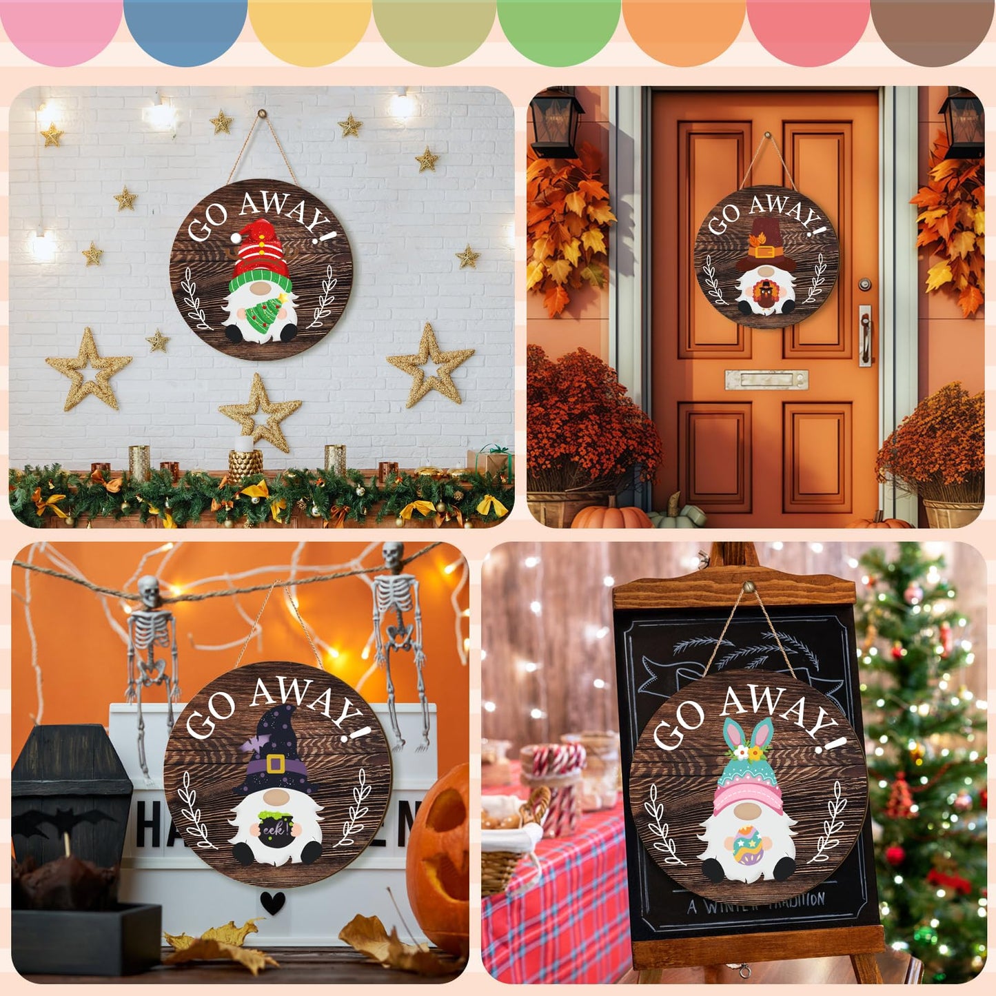 Easter Seasonal Gnome Wall Decor Set, 11.8 inch Wooden Round Sign with Interchangeable Holiday Hats, Go Away Door Hanging (Attractive)