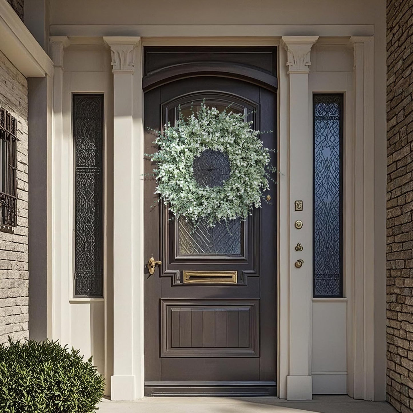 26'' Large Eucalyptus Wreath for Front Door, Porch- Artificial Eucalyptus and Lavender with Babys Breath Flowers Wreath for Home, Farmhouse Wall Decor- Spring, Summer, Fall, All Seasons (White-Green)