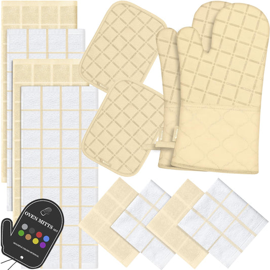 Oven Mitts Pot Holders Sets/Kitchen Towels and Dishcloths, Oven Gloves Kitchen Dish Towels 500 Degree Heat Resistant Potholders with Non-Slip Silicone Surface for Cooking, Grilling, Baking-Beige