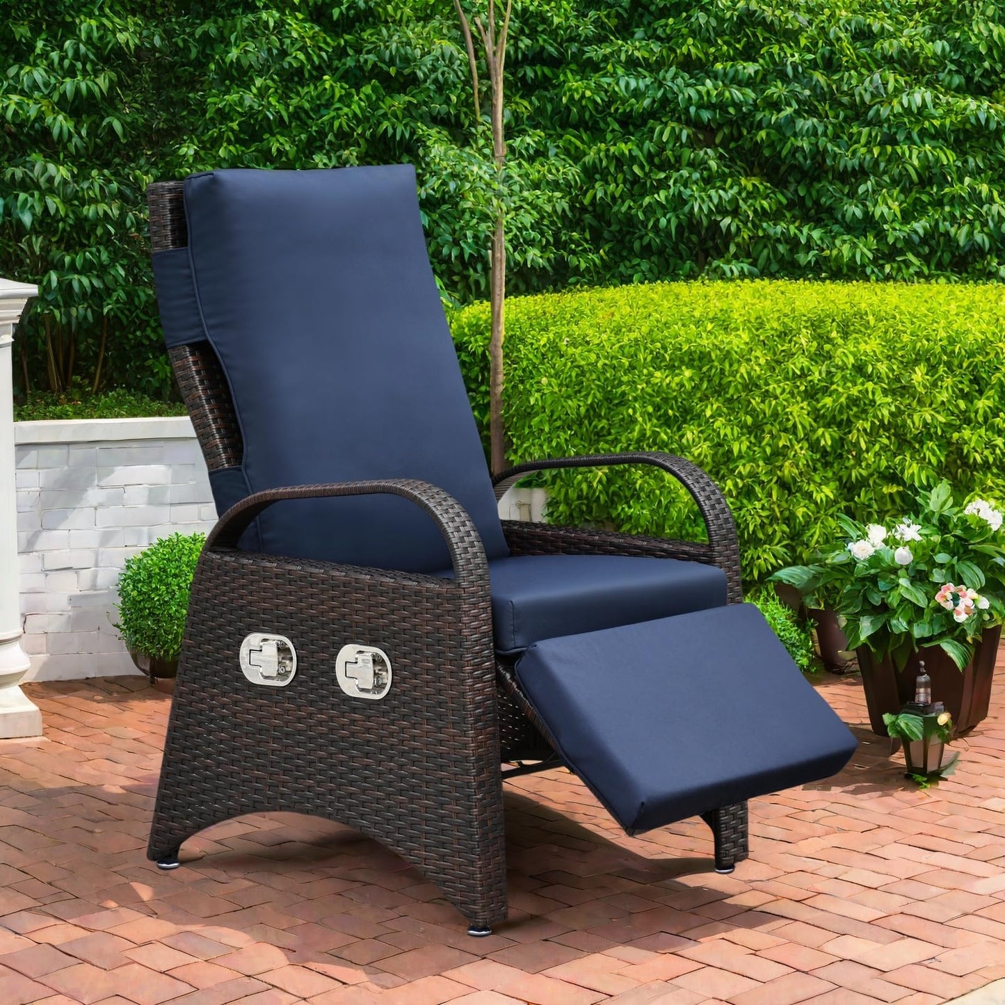 ATR ART TO REAL Outdoor Recliner Chairs, PE Wicker Reclining Lounge Chair with Removable Soft Cushion, Adjustable Outside Recliners for Patio, Porch, Poolside, Balcony, Lawn (Navy Blue, 1 PC)