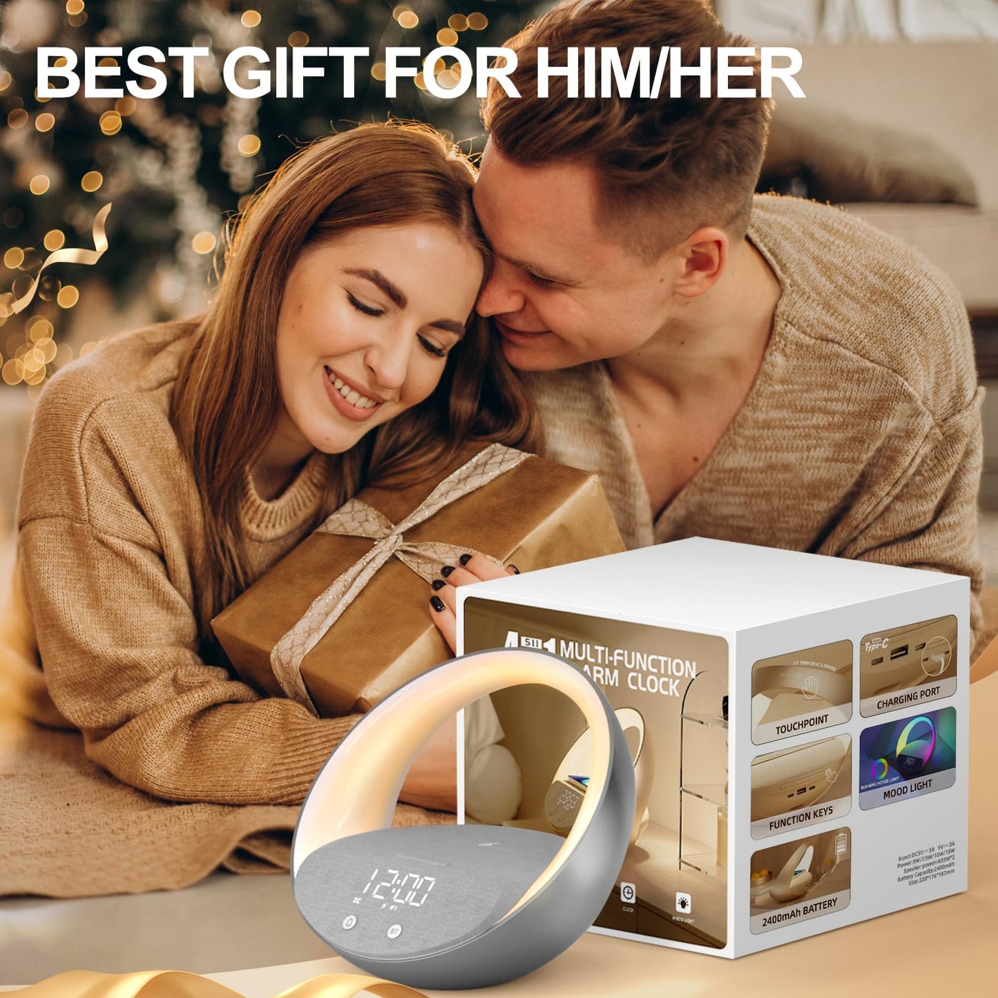 FUNFOR Bluetooth Alarm Clock, Sunrise Simulation Wake Up Night Light, 15W Fast Wireless Charging Alarm Clock for Bedroom, 10W Bluetooth Stereo Sound Speaker, USB Charger Port