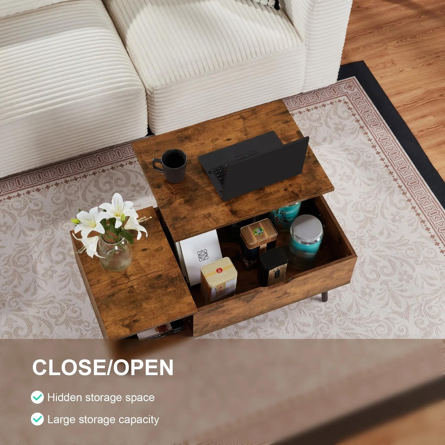 SANODESK 39" Wood Lift Top Coffee Table with Hidden Compartment and Storage Shelf for Living Room, Reception Room, Brown