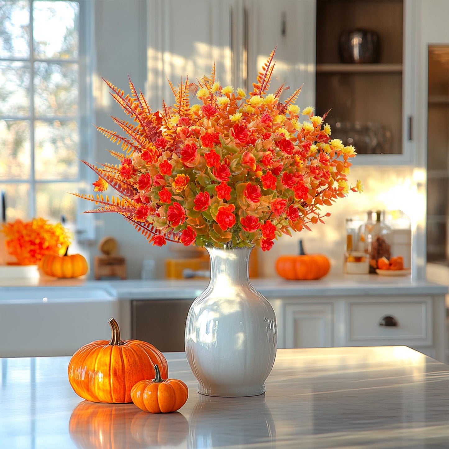 TURNMEON 12 Bundles Artificial Fall Flowers for Outdoors Fall Decorations,UV Resistant Fake Mums Faux Fall Plants Plastic Orange Boston Fern Eucalyptus Home Gardens Porch Autumn Thanksgiving Decor