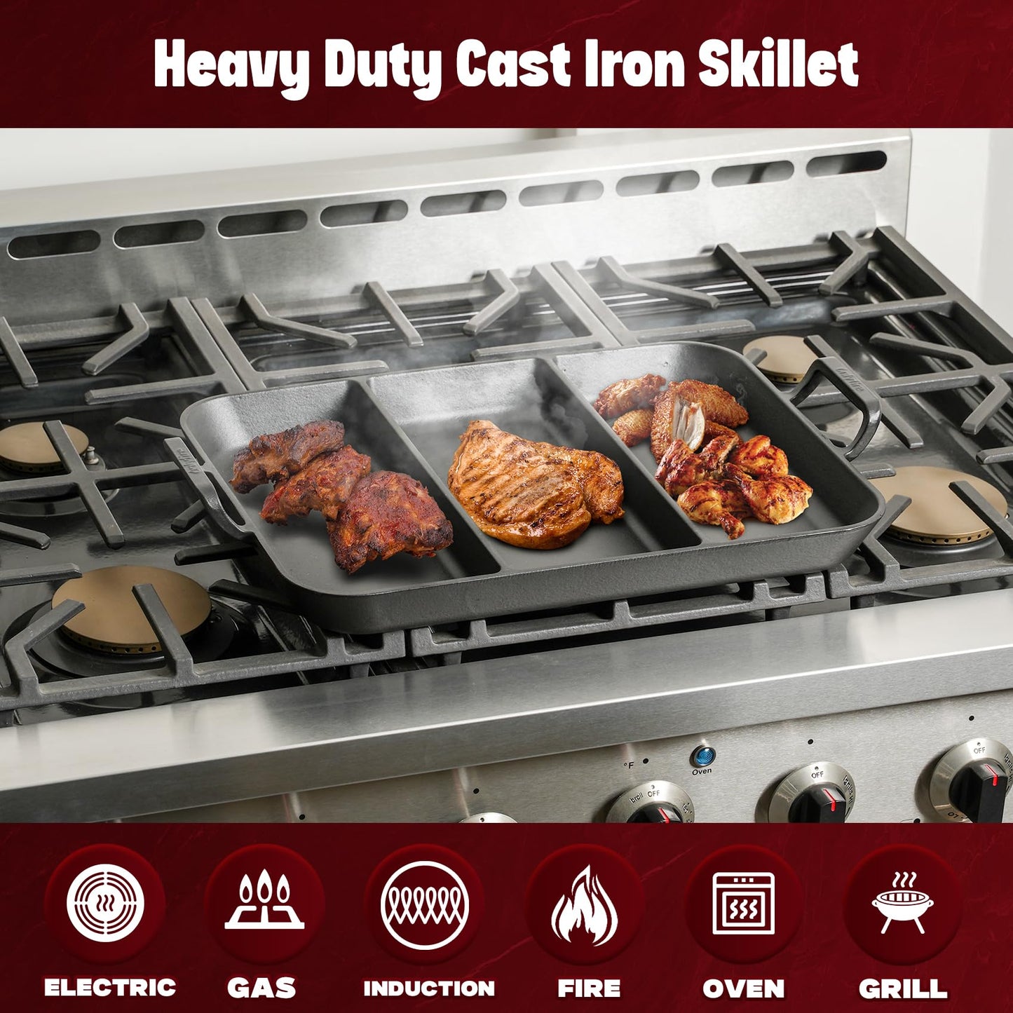 onlyfire Pre-Seasoned Cast Iron Skillet, 16 Inch Griddle Pan Frying Pan with Nonstick Perforated Grill Surface and Dual Handles, Cast Iron Grill Pan for Grills, Oven and All Stovetops