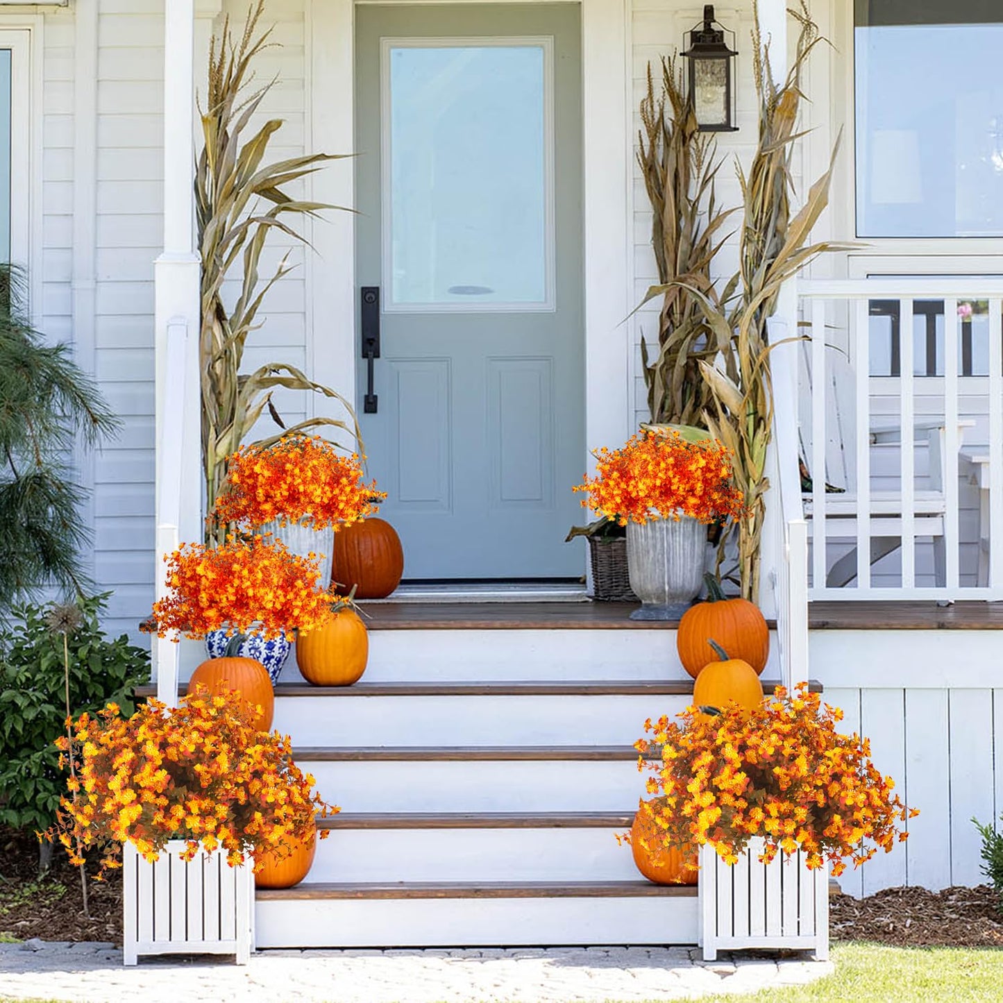 Grunyia 12 Bundles Artificial Fall Flowers for Outdoors, Artificial Plants UV Resistant Fall Fake Mums Plants for Outside Halloween Christmas Porch Decoration ecorations (Fall Red)