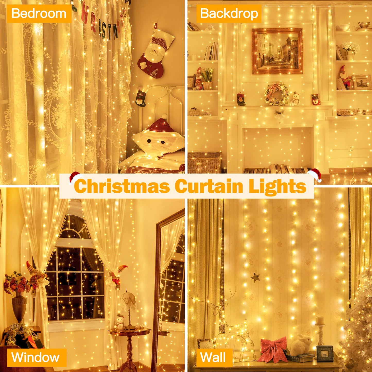 Ollny Silver Copper Wire Fairy Lights Curtain 200 LED 6.6x6.6ft, USB Warm White Curtain Lights with Hook, Waterproof Window Light for Bedroom Backdrop Wall Outdoor Indoor Decorations