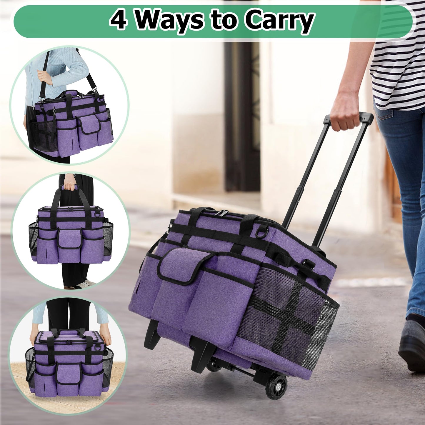 LoDrid Rolling Cleaning Caddy with Lid, Cleaning Supplies Organizer with Detachable Trolley, Cleaning Caddy Cart on Wheels with Handle and Shoulder Strap for Housekeepers, Purple, Bag Only