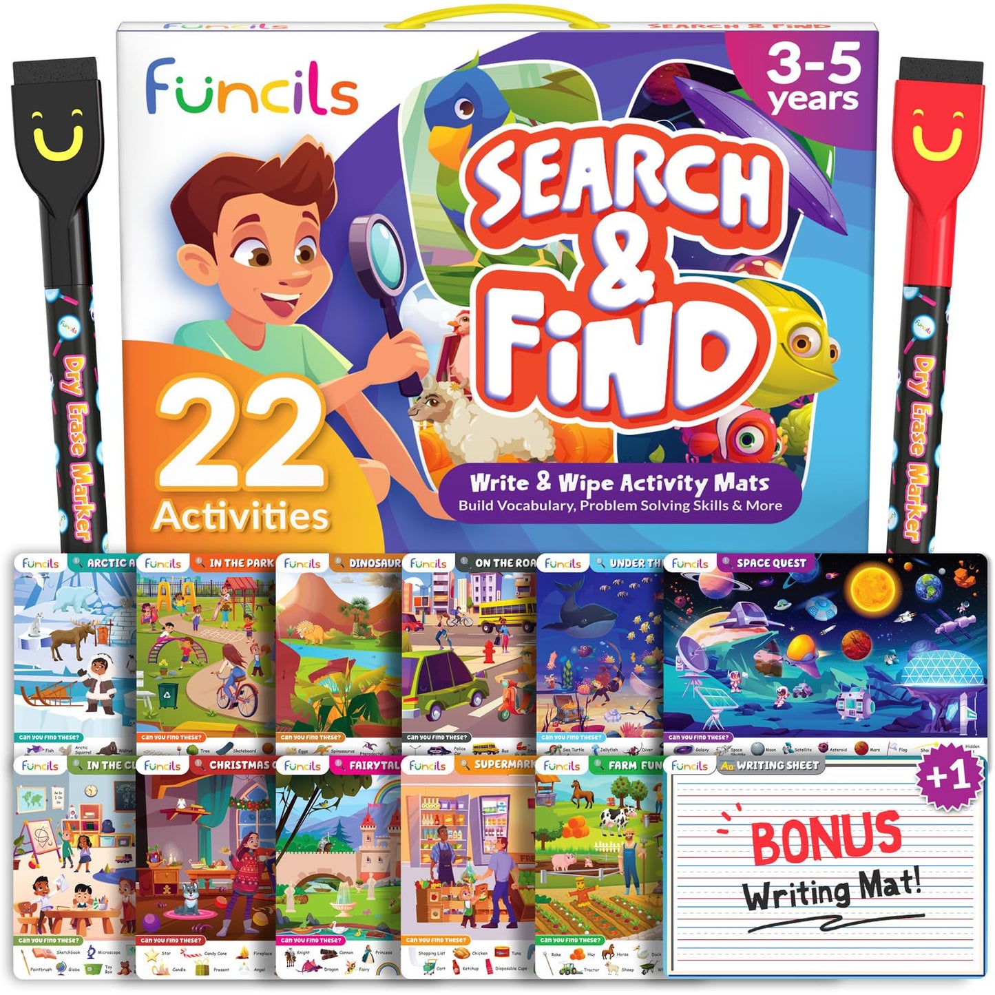 Funcils Search and Find for Kids & Toddlers - Preschool Learning Activity Book, Art and Craft Supplies, Seek Find Games, Birthday Gifts for Girls & Boys, Educational Toys for Ages 3, 4, 5, 6 Year Old