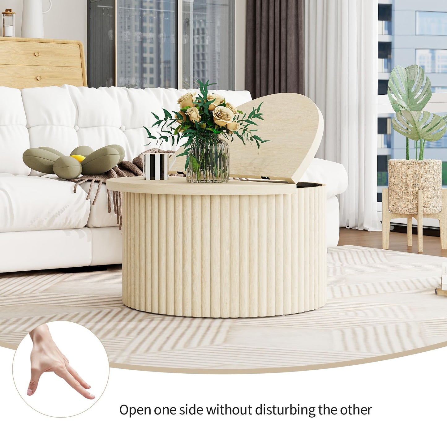 Round Coffee Table with Storage, Wood Modern Fluted Drum Coffee Table with Flip Top, 31.5" Farmhouse Center Table for Living Room, Reception Room, Entertainment Room, Courtyard (1, Oak)