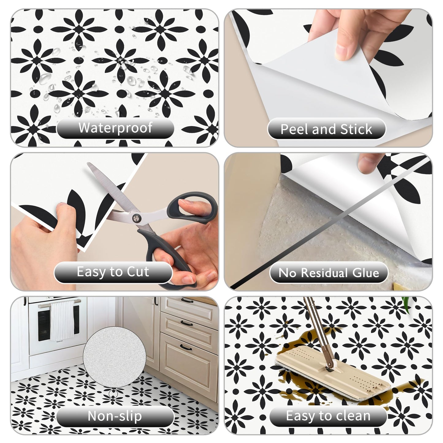 MORCART Peel and Stick Floor Tile - Vinyl Flooring Self Adhesive DIY: Square White+Black Flowers 8" x 8" 20 PCS, Waterproof and Removable Tile Sticker for Kitchen, Bathroom, Staircase FT-1624
