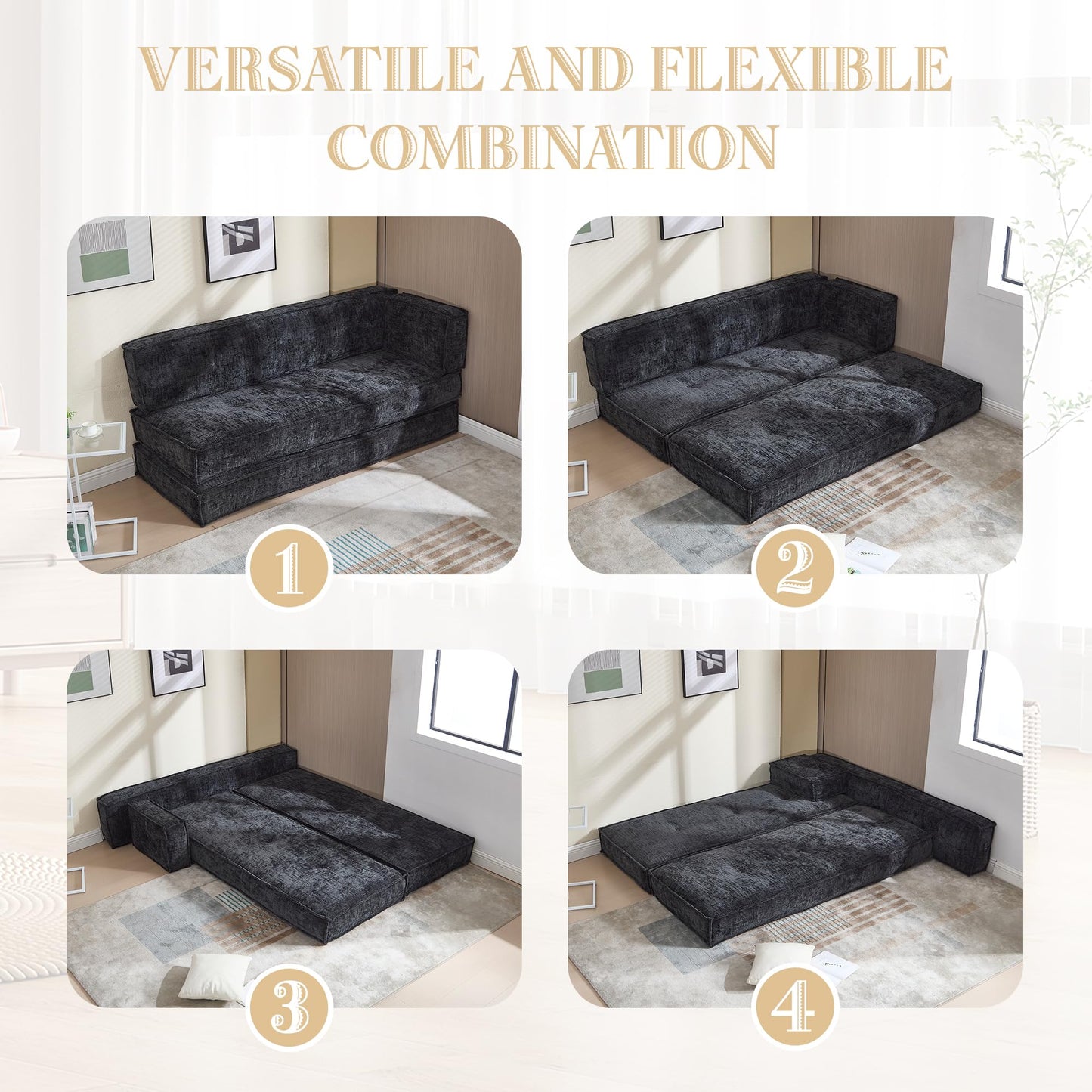 VYNELITO Modular Couch Convertible Sleeper Floor Sofa Bed, Chenille Folding Mattress Couch with Side Bag Storage, 4-in-1 Combined Lazy Sofa for Living Room Bedroom,Black