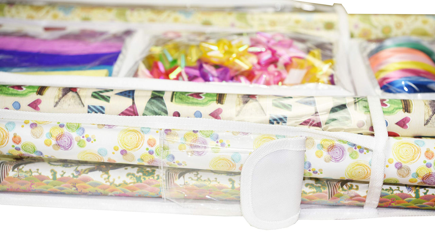 Double Sided Hanging Gift Wrap Organizer | Large 16" x 41" Wrapping Paper Rolls Storage Bag | Tearproof & Space Saving Closet Gift Bag Organization Solution | Sturdy Zippers & Robust Adhesive Strip