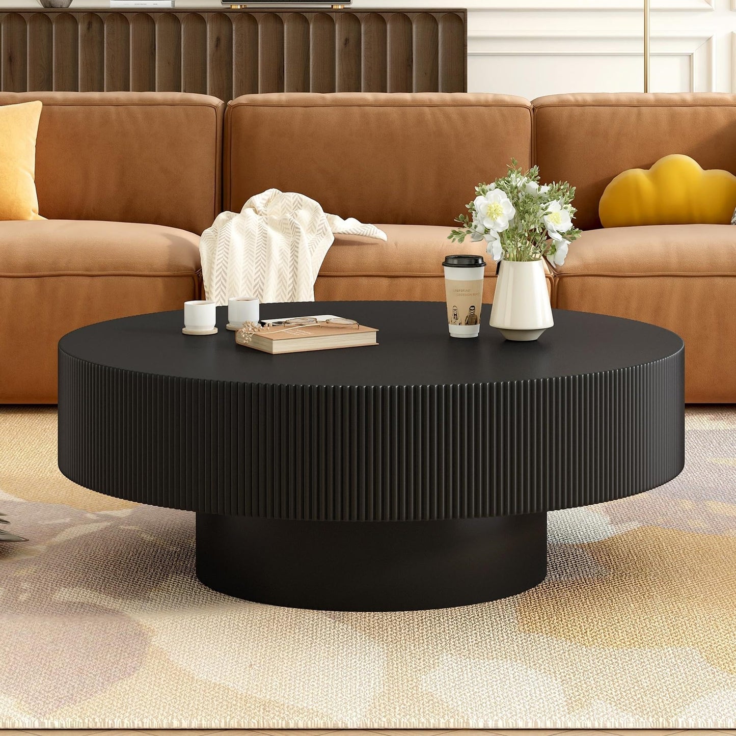 Merax Modern Round Coffee Table with Sturdy Base, Wood Center Tables for Living Room Reception Room, Easy Assemble, Black