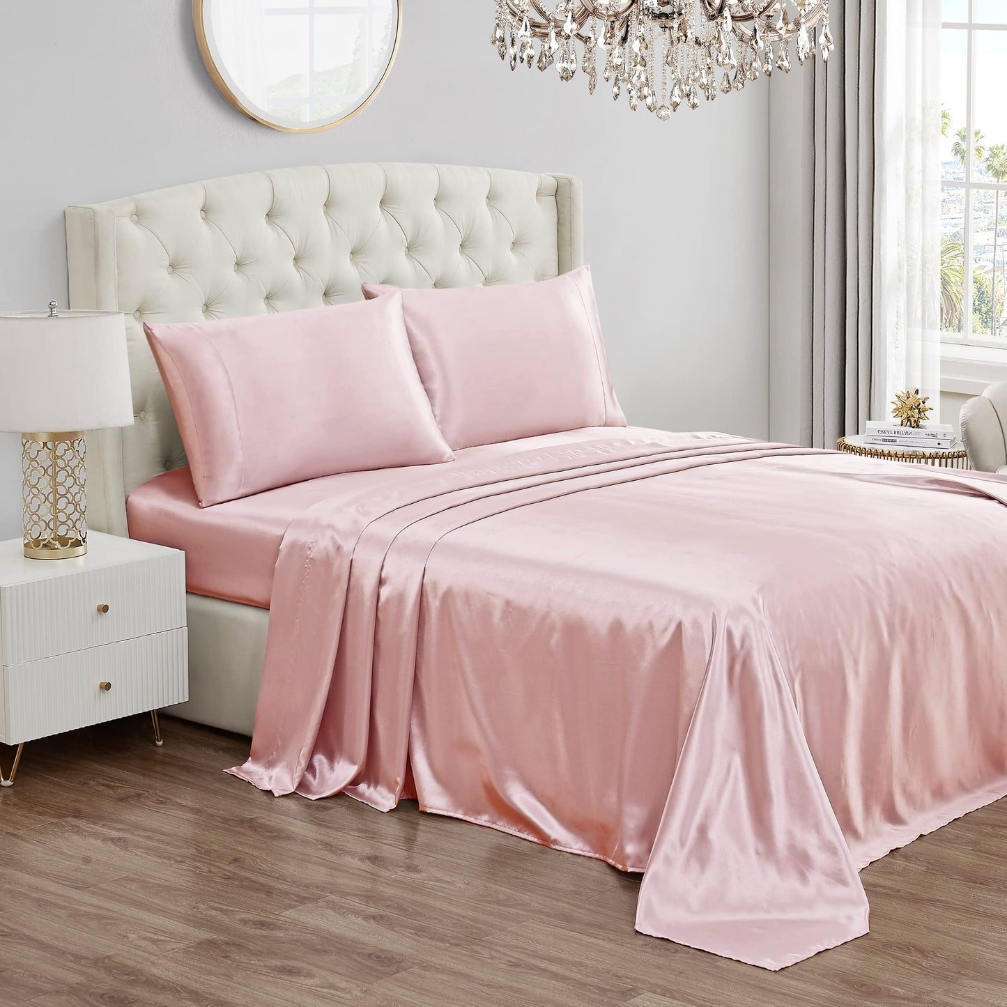 Juicy Couture King Size Silk Satin Bed Sheet Set, Deep Pocket Silky King Sheet Set with 1 Fitted Sheet, 1 Flat Sheet and 2 Pillow Case, Wrinkle Resistant and Anti Pilling Bed Sheets - Pink