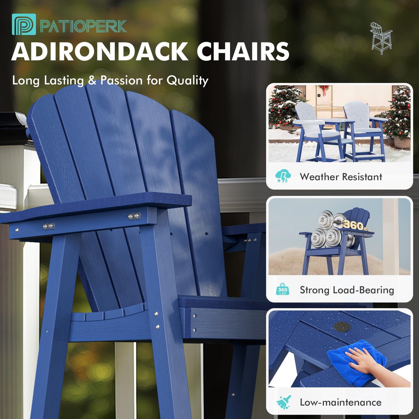 PatioPerk Tall Adirondack Chair Set of 4 with Double Connecting Tray, Recycled HDPE with Wood Grain, Weather Resistant, Outdoor Adirondack Chairs for Deck, Balcony, Patio, Backyard, Navy Blue