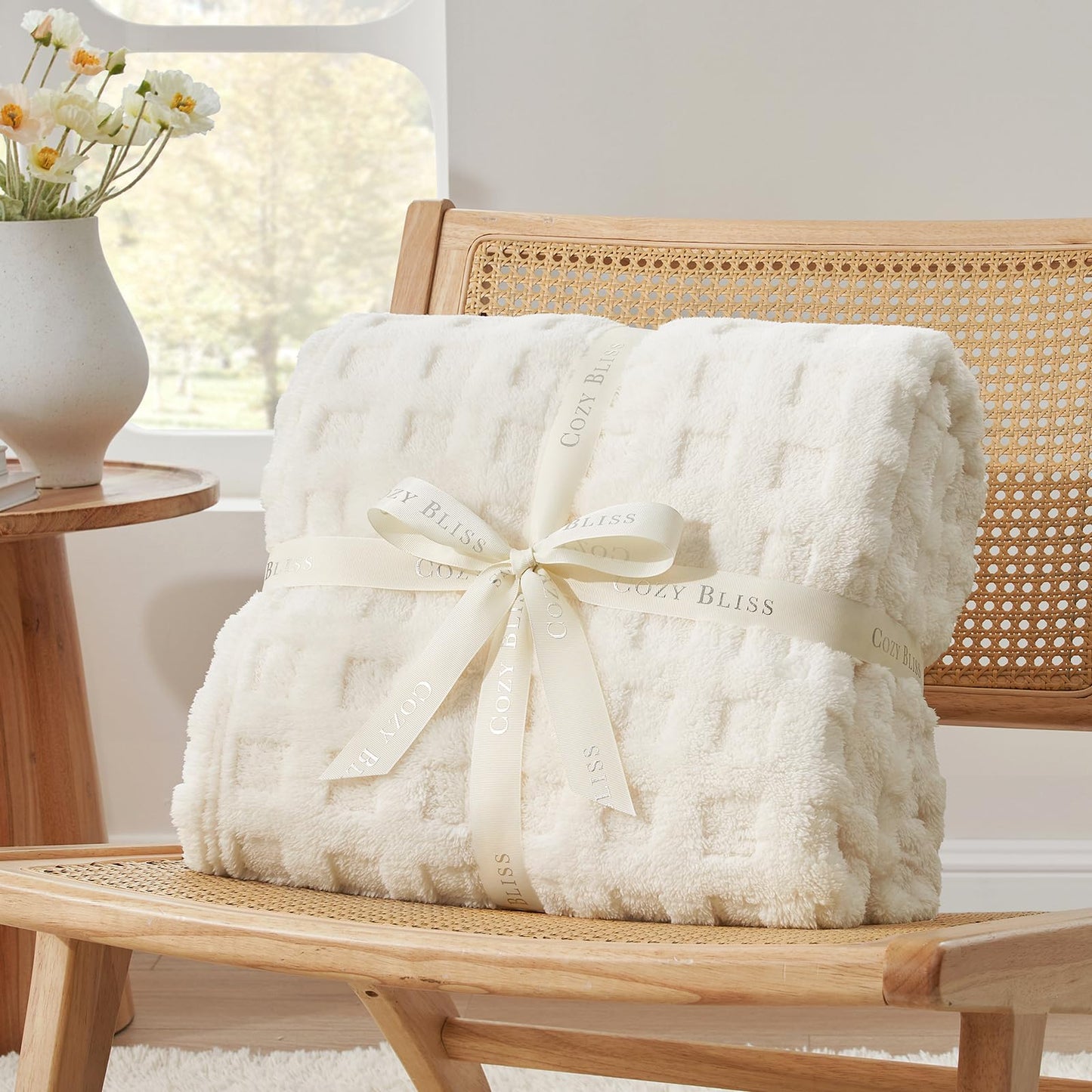 Cozy Bliss Ultra Soft Waffle Blanket - Lightweight Cozy Blankets Gift for Women,Cute Checkered Throws Blanket for Bed, Couch and Sofa,Ivory,50x60 Inches