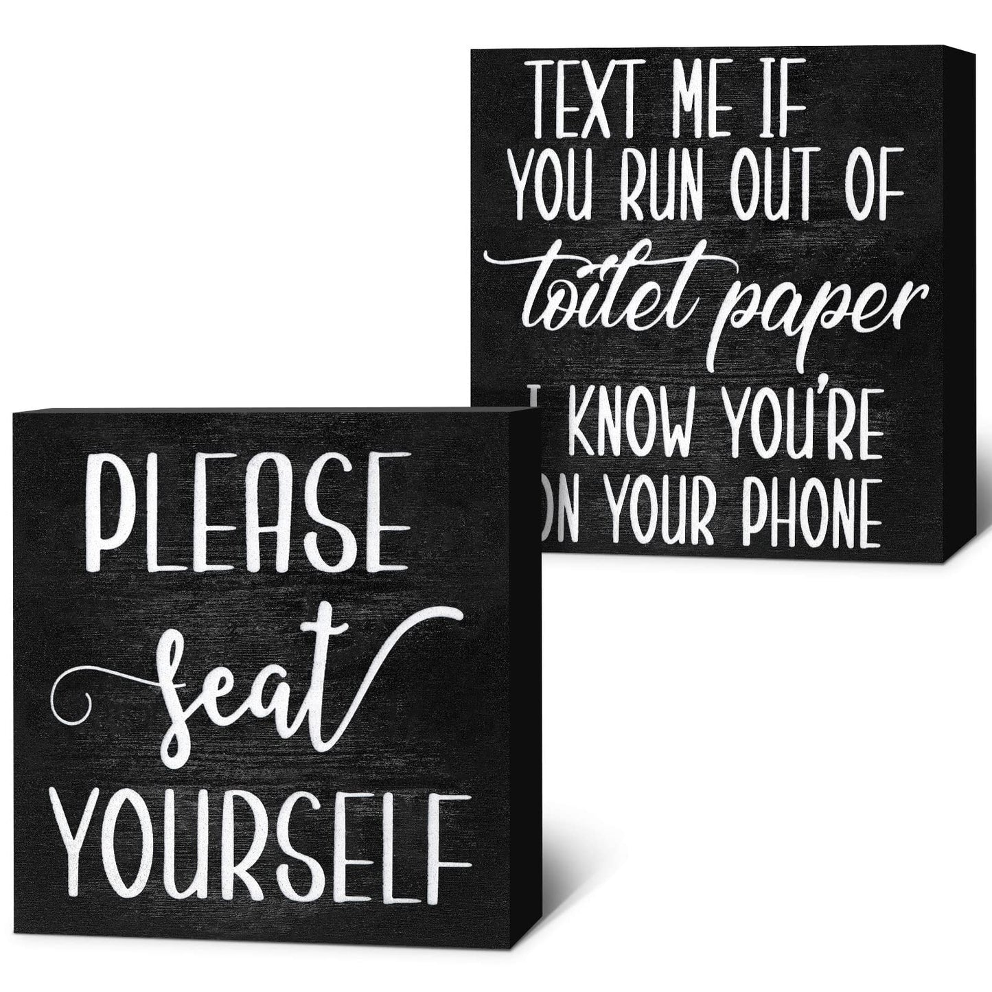 Jetec 2 Pieces Farmhouse Bathroom Signs Decor Wooden Box Sign Funny Bathroom Wall Art Rustic Wood Plaque Please Seat Yourself Decor for Home Restroom(Black)