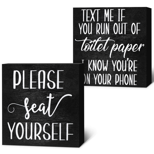 Jetec 2 Pieces Farmhouse Bathroom Signs Decor Wooden Box Sign Funny Bathroom Wall Art Rustic Wood Plaque Please Seat Yourself Decor for Home Restroom(Black)