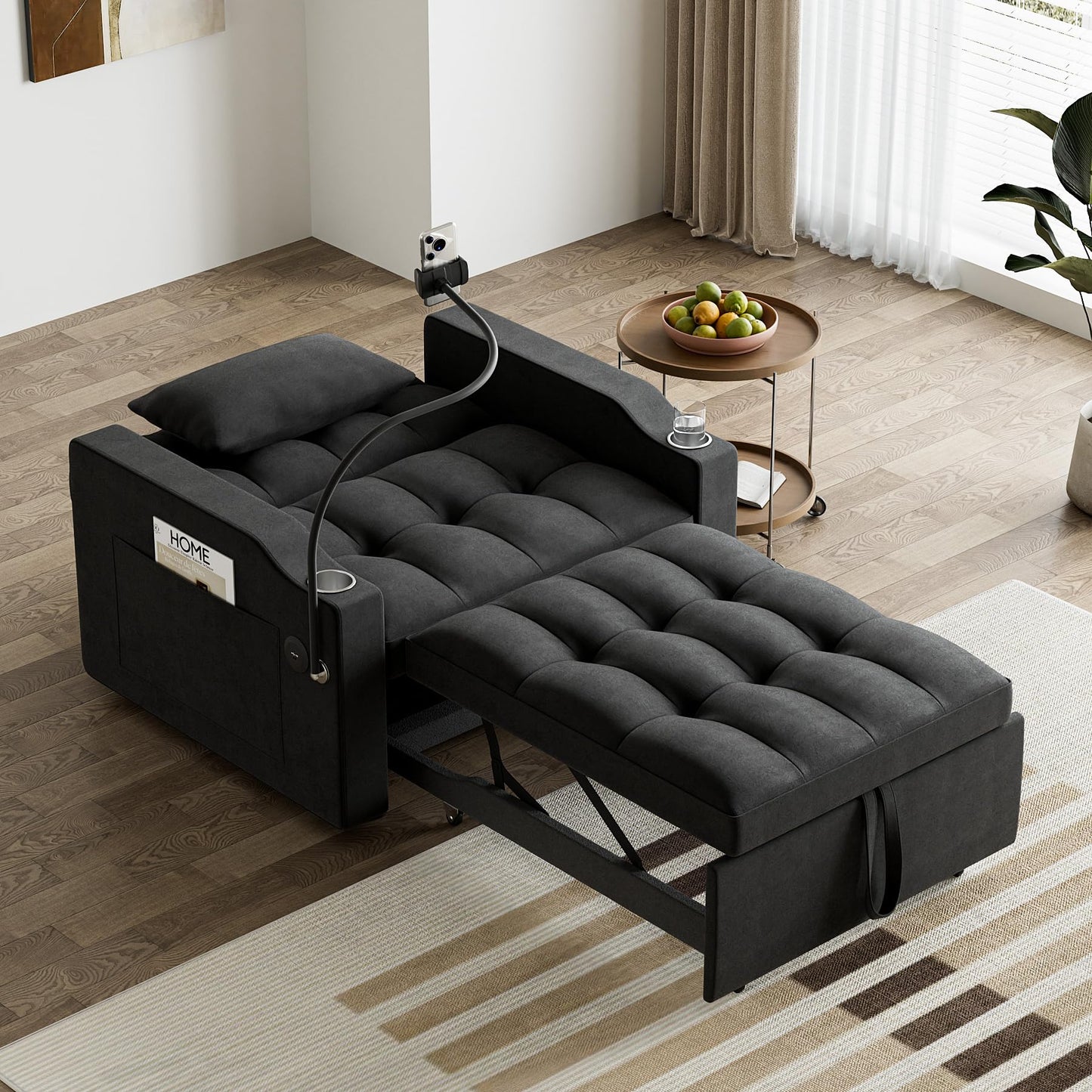 Wrofly 3 in 1 Single Sleeper Sofa Chair with Pullout Bed, Convertible Pull Out Couch with Adjustable Backrest, Modern Chaise Lounge with USB Port for Living Room, Small Spaces, Black Velvet