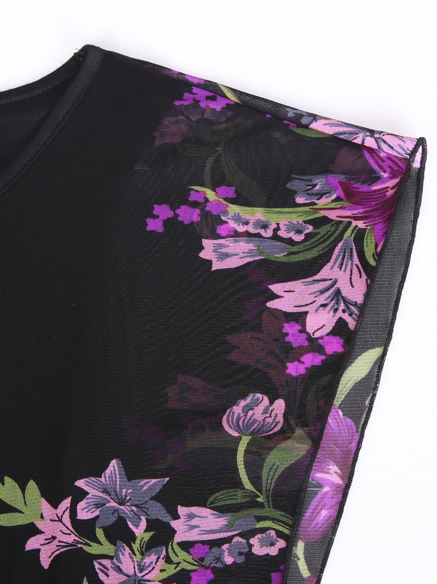 BAISHENGGT Blouses for Women Dressy Casual Going Out Tops Trendy Mesh Short Sleeve Shirts Medium Black Purple Floral