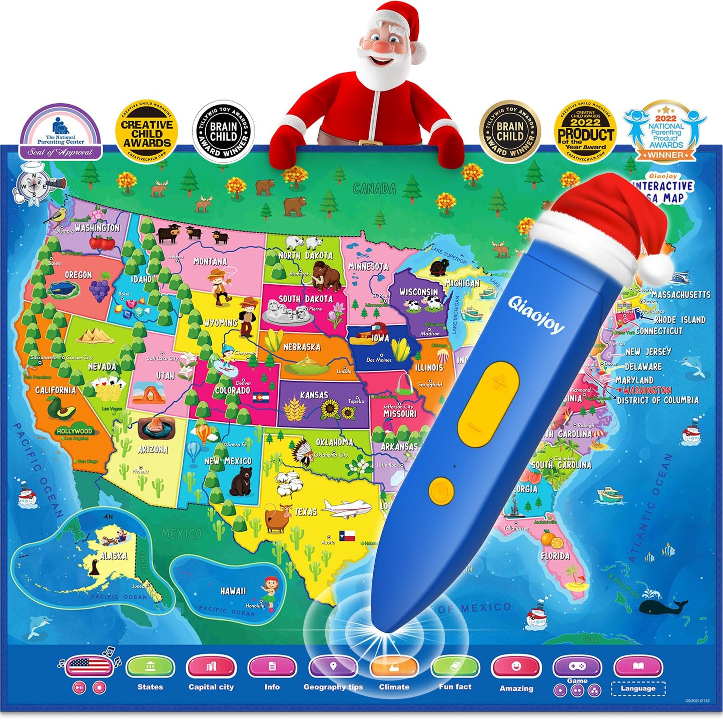 Qiaojoy V2 Interactive Kids Map Bilingual United States Map for Kids Learning, Educational Talking USA Map Poster Geography Games Personalized Kids Toys for Boys & Girls Ages 3-12