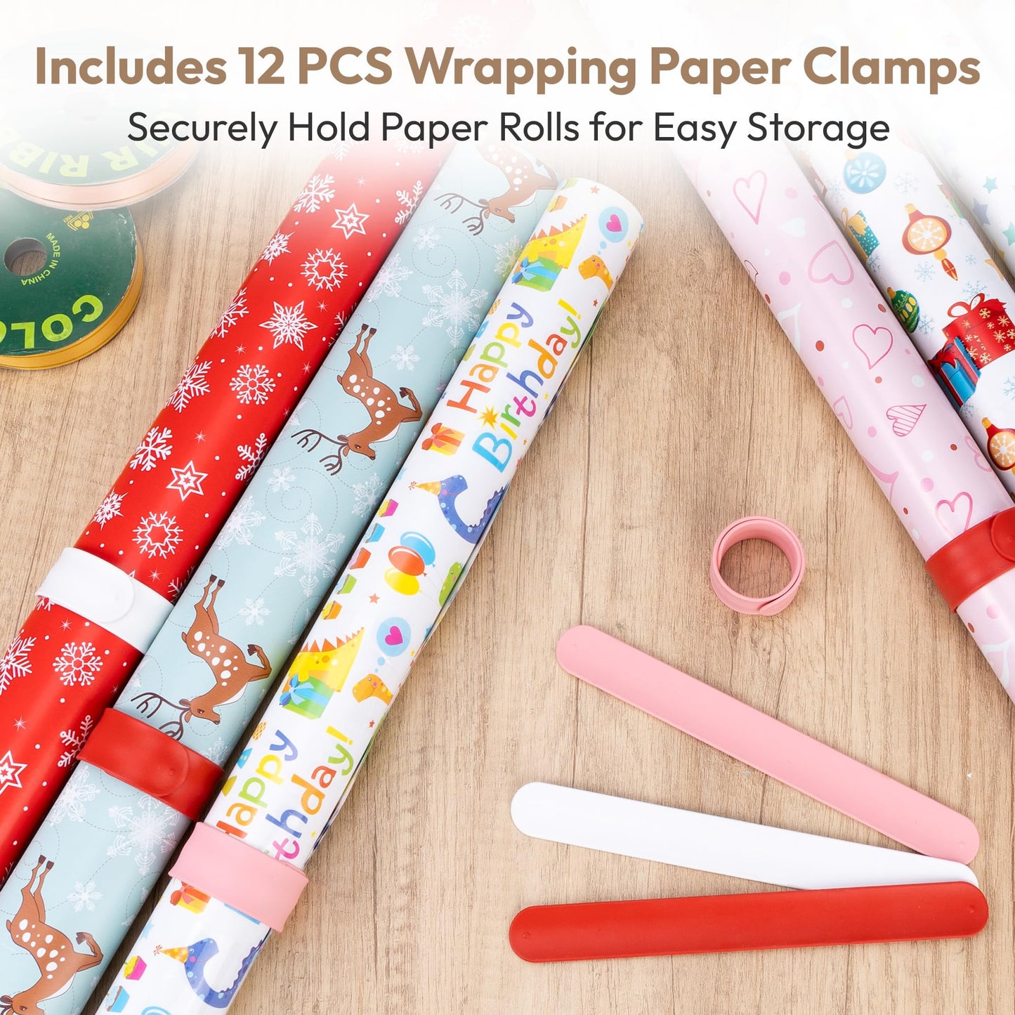 Sunnacate Wrapping Paper Organizer Cart with 12PCS Slap Bands, Rolling Gift Wrapping Organizer Storage Wrapping Paper Station Ribbon Holder, Blueprint Poster Holder, Craft Organizers and Storage