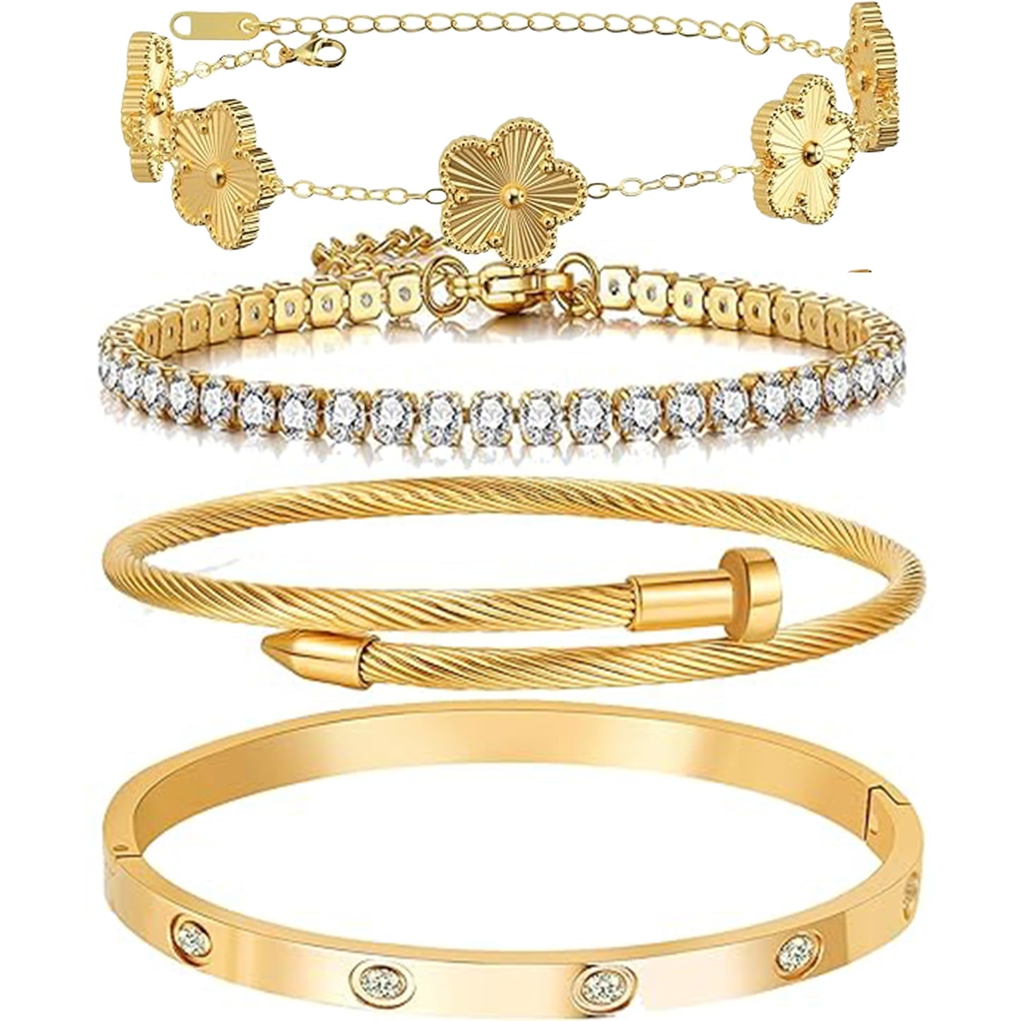 Lamdo 18K Gold Plated Womens Stackable Floral Gold Clover Bracelets Set Love Bangle Bracelets Non Tarnish, Gold Bracelet Set Trendy Jewelry,Gifts for Women's Day and Mother's Day (Gold, One Size)