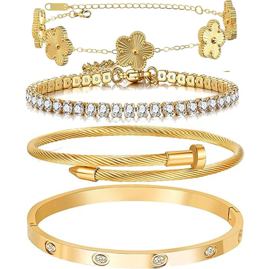 Lamdo 18K Gold Plated Womens Stackable Floral Gold Clover Bracelets Set Love Bangle Bracelets Non Tarnish, Gold Bracelet Set Trendy Jewelry,Gifts for Women's Day and Mother's Day (Gold, One Size)