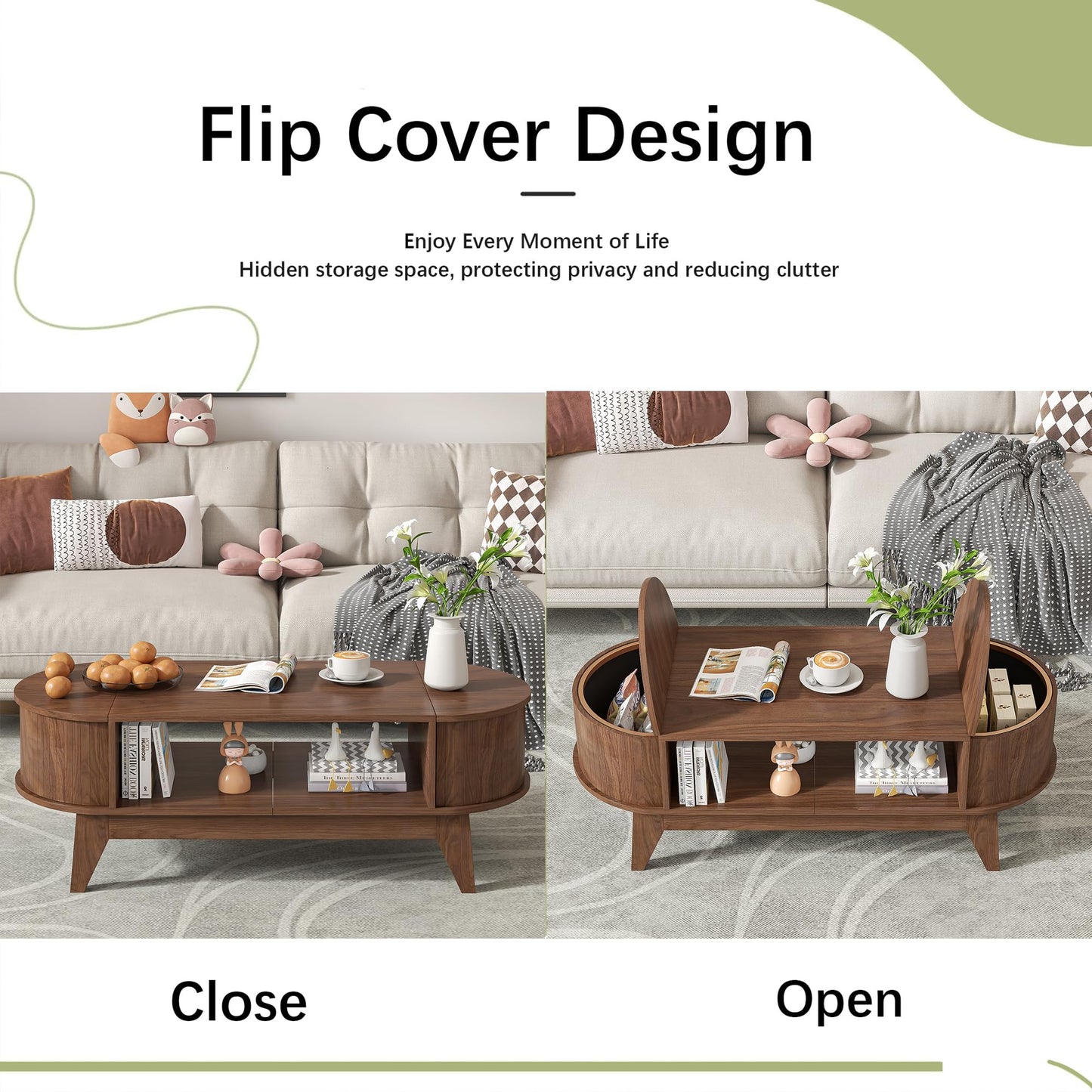 Coffee Table with Storage,Mid Century Modern Coffee Tables with 2 Flip-Top Hidden Lids,Fluted Coffee Table,Wood Center Tables for Living Room Home Office (Walnut Color)