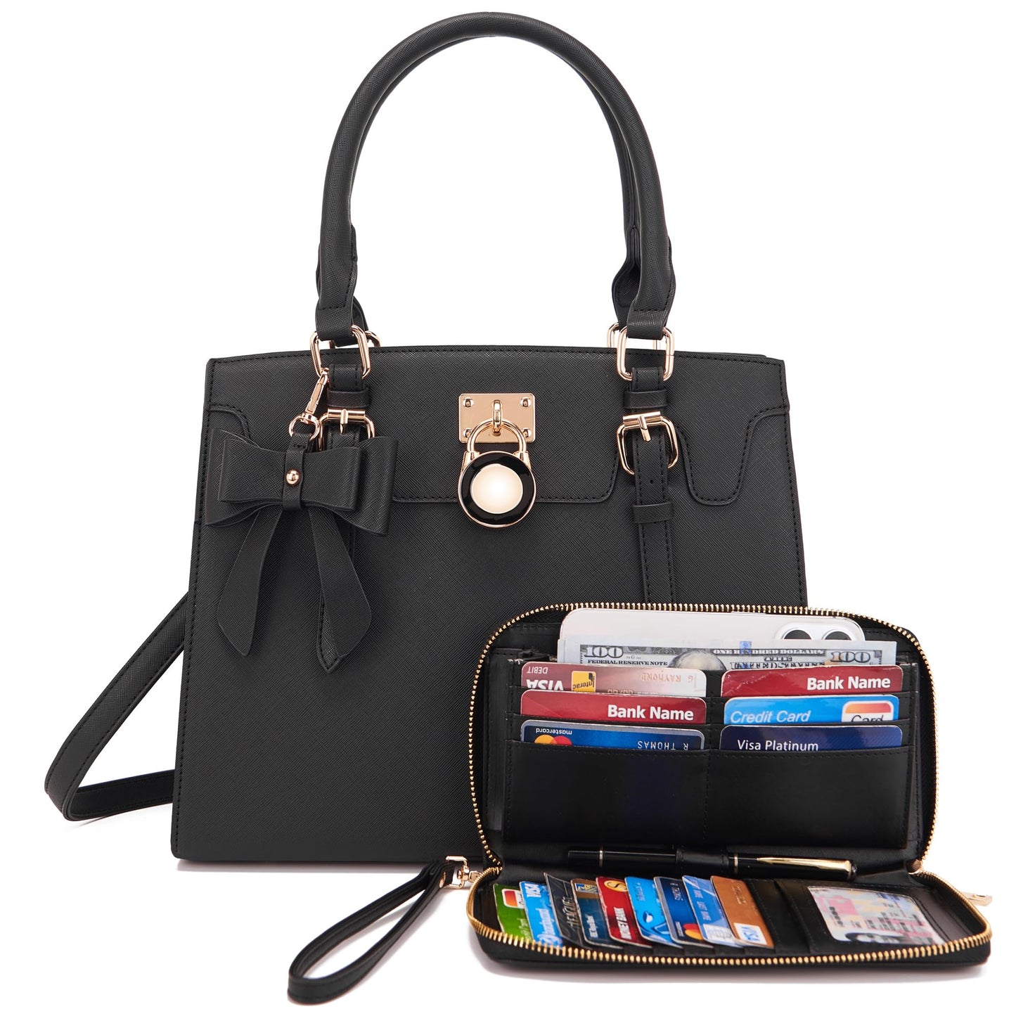 Qiyuer Women Purses And Handbags Set Ladies Top Handle Satchel Tote Shoulder Work Bag With Matching Clutch Wallet 2PCS Black