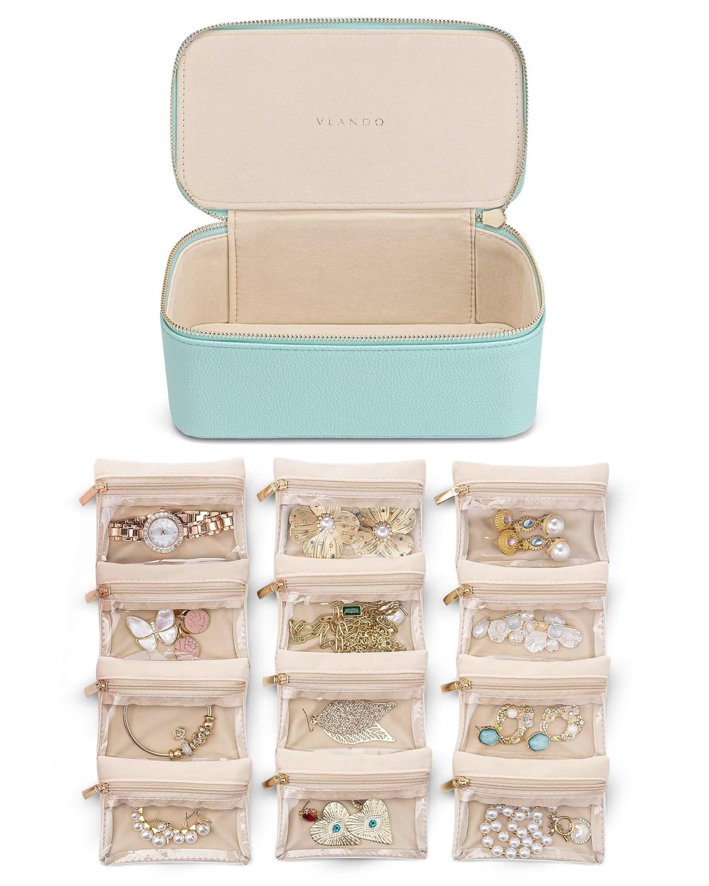 Vlando Travel Jewelry Case,Jewelry Travel Organizer for 12 Pcs Velvet Jewelry Pouches,Jewelry Box for Travelers Women Girls Birthday Gifts for Teen Trendy Stuff -Lake Blue