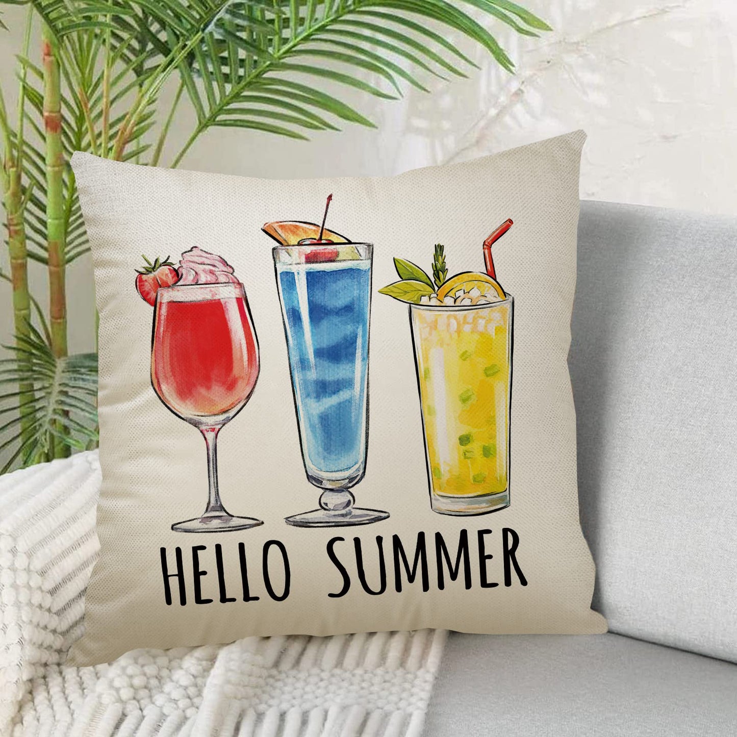 Fahrendom Hello Summer Vibes Gnome Decorative Throw Pillow Cover 18 x 18 Set of 4, Ice Cream Popsicle Juice Porch Patio Outdoor Pillowcase, Stripes Seasonal Farmhouse Couch Cushion Case Home Decor