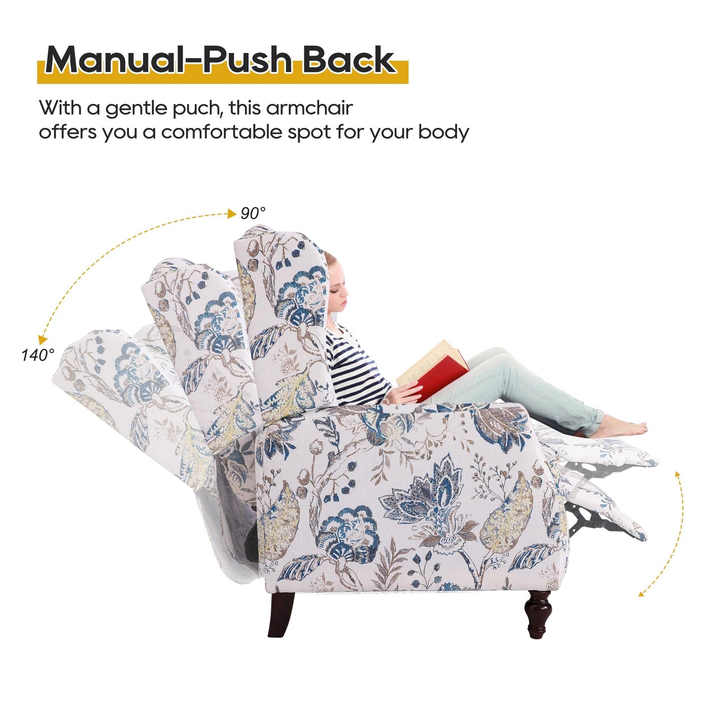 GUEAPY Mid Century Modern Wingback Recliner Chair for Adults, Push Back Upholstered Accent Chair with Floral Fabric, Manual Reclining Armchair for Living Room, Bedroom, Reading Corner (Blue Botanical)