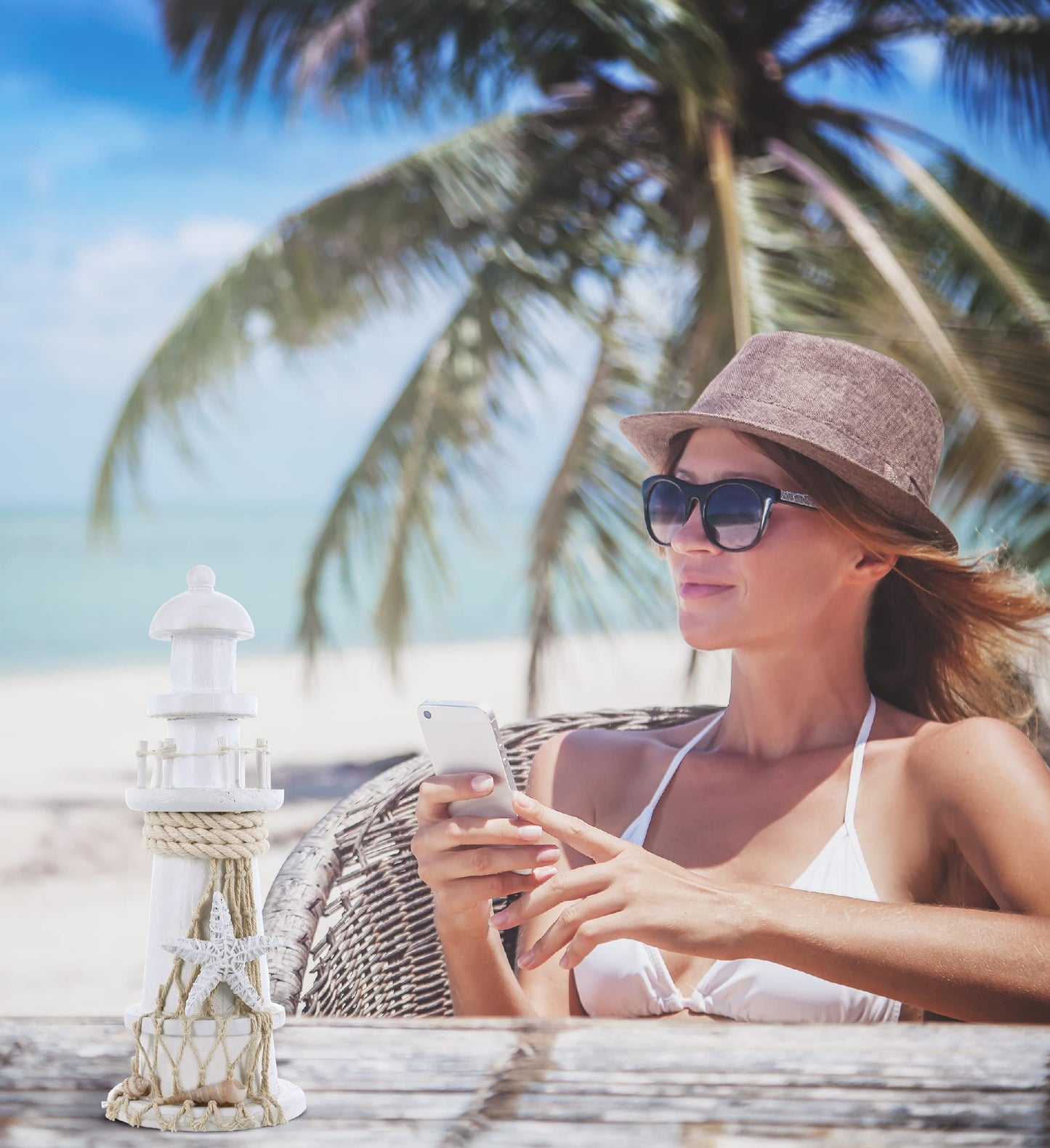 Puzzled COTA Global White Lighthouse Decor - Handmade and Crafted Wooden Lighthouse Decoration with Starfish, Decorative Tabletop Centerpiece Home Decor - 8.75 Inches