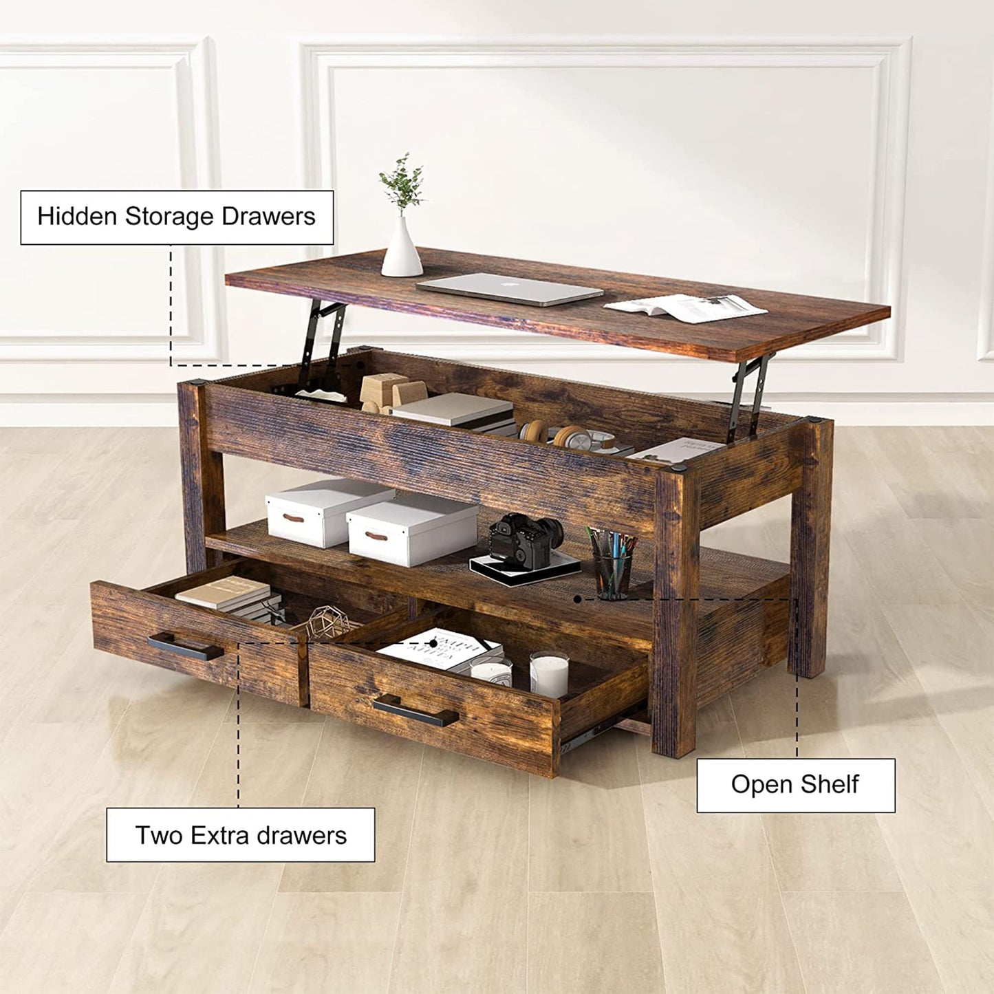 FABATO 41.7'' Lift Top Coffee Table with 2 Storage Drawer Hidden Compartment Open Storage Shelf for Living Room Dining Table Reception Room Rustic Brown