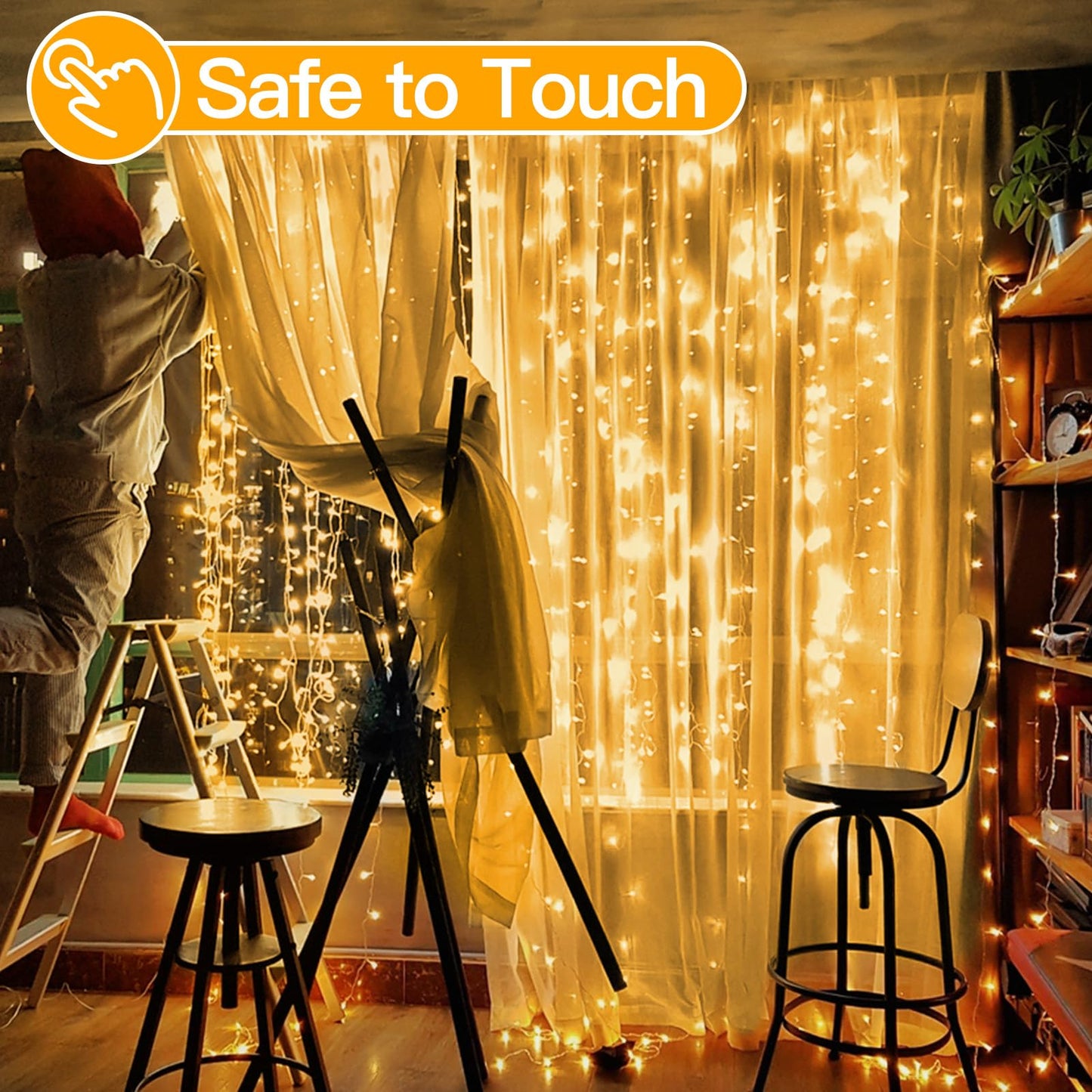 Ollny Christmas Curtain Lights 300 LED 9.8 FTx9.8 FT, Outdoor Waterproof Curtain String Lights with Remote Timer 8 Modes, USB Waterfall Window Lights for Wall Backdrop Home Decorations (Warm White)