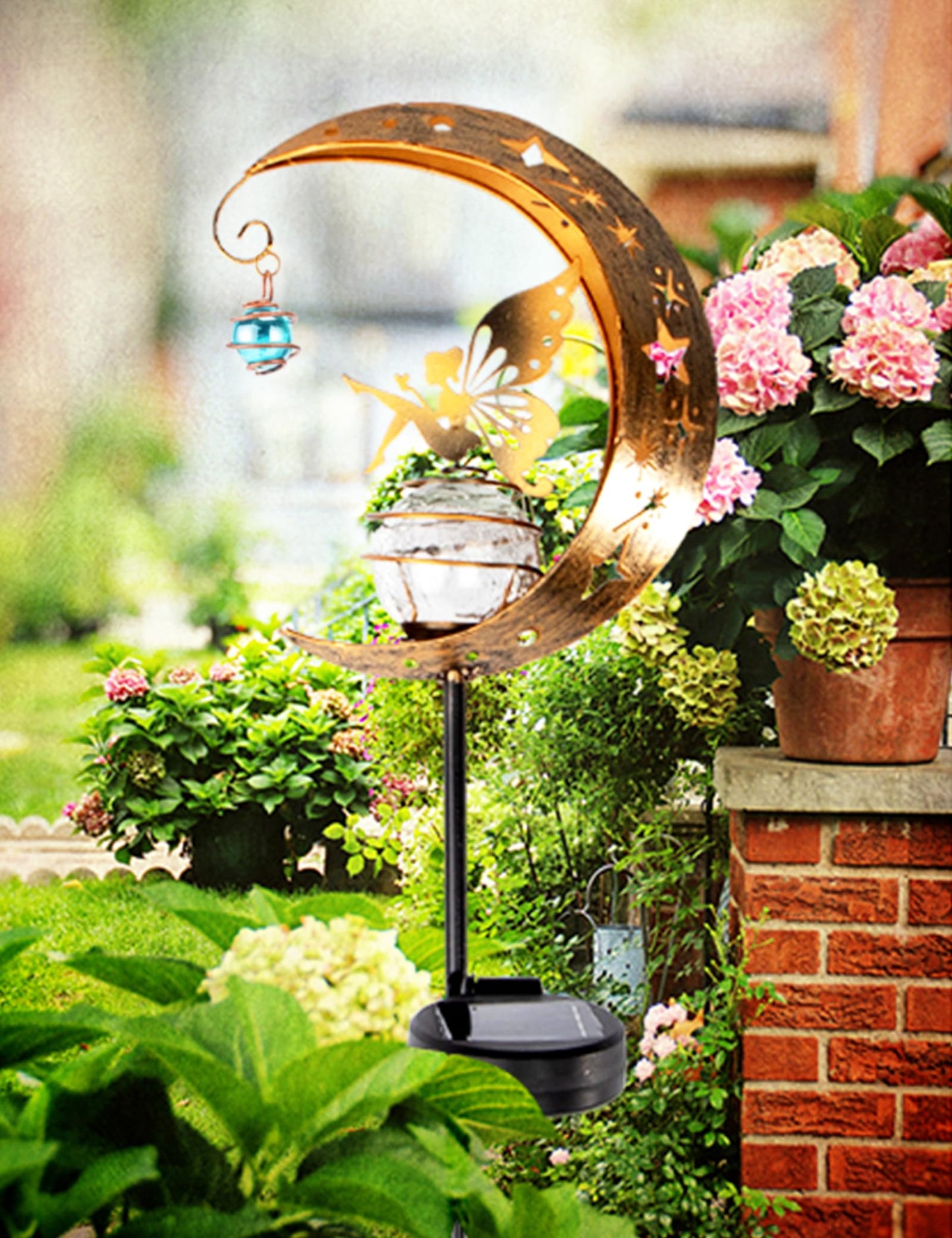 FKKsparkler Solar Powered Garden Decor Lights Moon Fairy Crackle Glass Globe with Gold Angel Decor Waterproof Stake Lights for Pathway, Yard, Lawn, Patio Outdoor Decor Garden Gifts Decoration