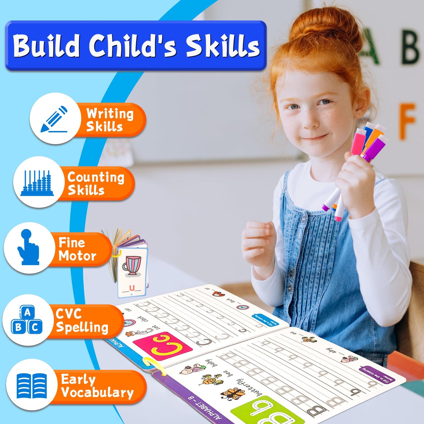 HOQEEWIPE Preschool Learning Activities - Reusable Handwriting Tracing Books for Kids, PreK Kindergarten Workbooks, CVC Word Game, Numbers & Alphabet Educational Learning Toys for 3, 4, 5, 6 Year Old