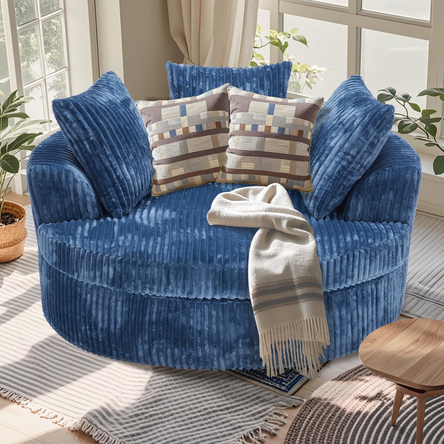 DIFYHOMEY 59 Inch Oversized Chaise Lounge Chair Indoor, Round Corduroy Chaise Lounge Sofa Bed with Throw Pillows and Backrest, Plush Sleeper Chair Bed for Living Room Bedroom,No Assembly Required