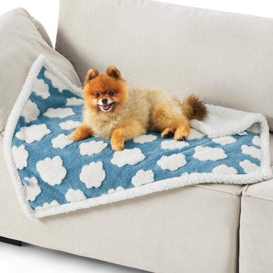 Lesure Waterproof Puppy Blanket for Small Dogs - Washable Double Sided Dog Blankets with Warm Jacquard Shag and Soft Sherpa Fleece, Pet Cat Blanket for Couch Protection, 3D Textured Cloud, Blue