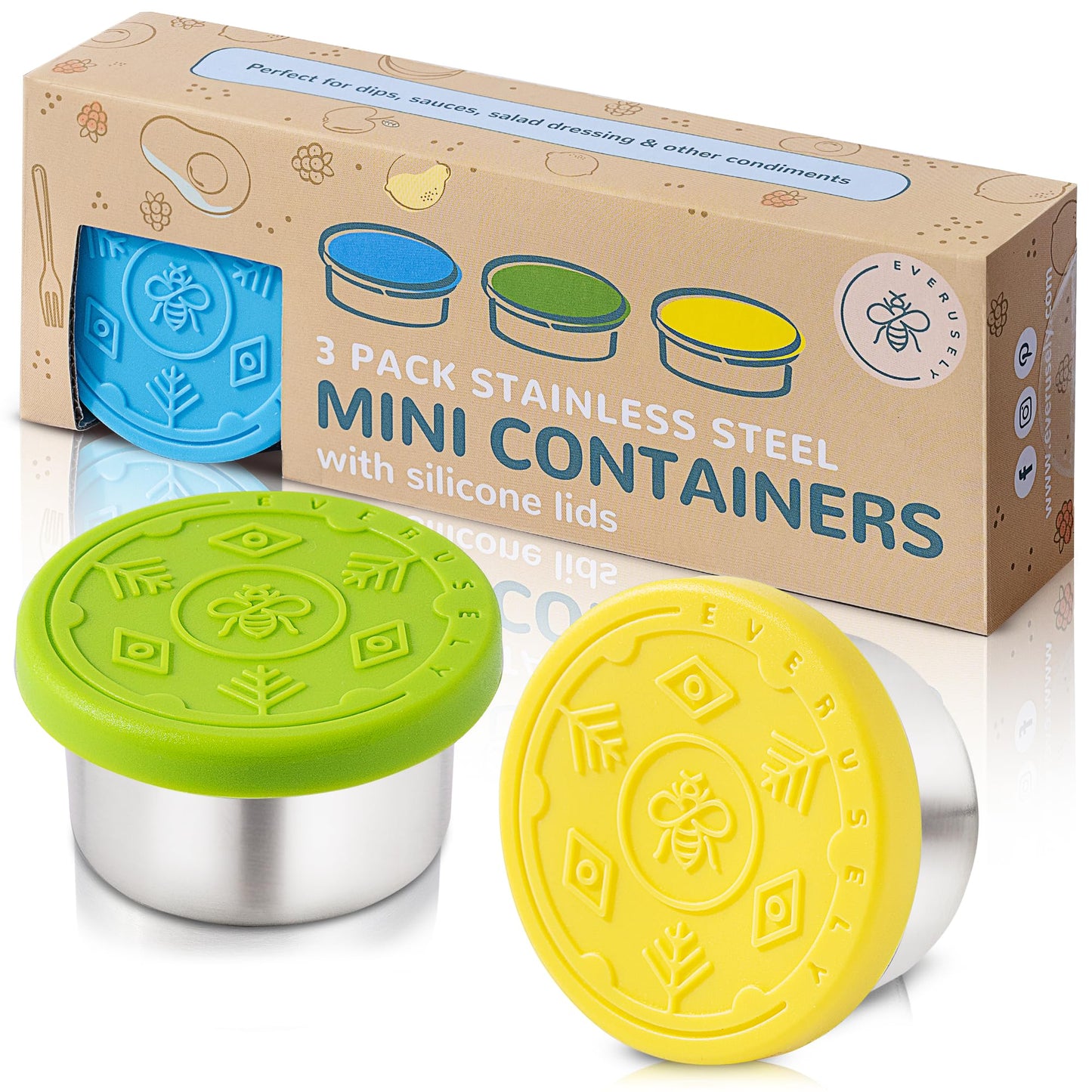 Everusely Condiment Cups - 3 Pack, 1.7 oz / 50 ml, Muted, Stainless Steel - Condiment Containers with Lids - Reusable Salad Dressing Container To Go - Sauce & Dip Cup for Lunchbox, Meal Prep