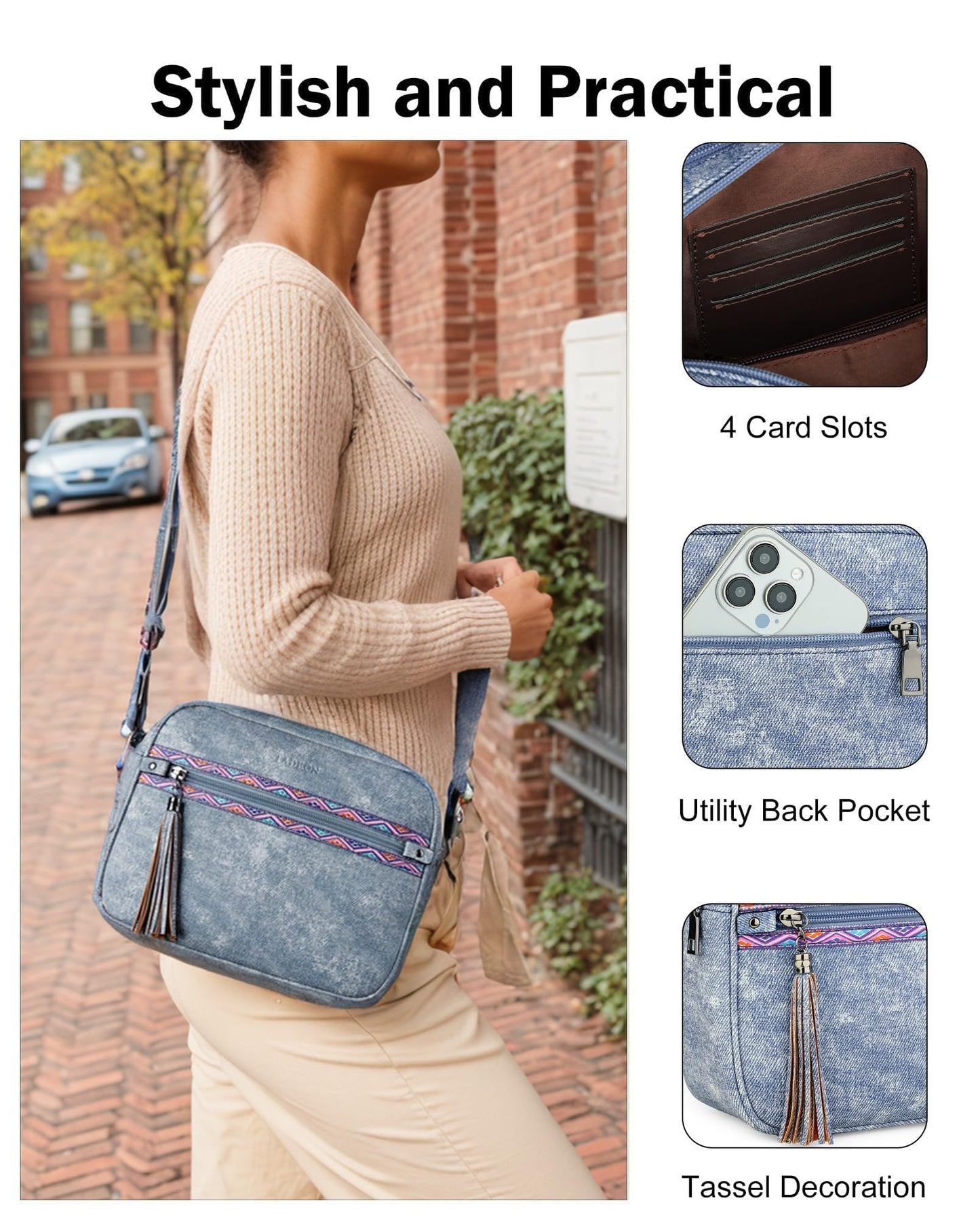 FADEON Crossbody Bags for Women Designer Vegan Leather Crossbody Purse Multi-pocket Medium Shoulder Bag with Card Slots